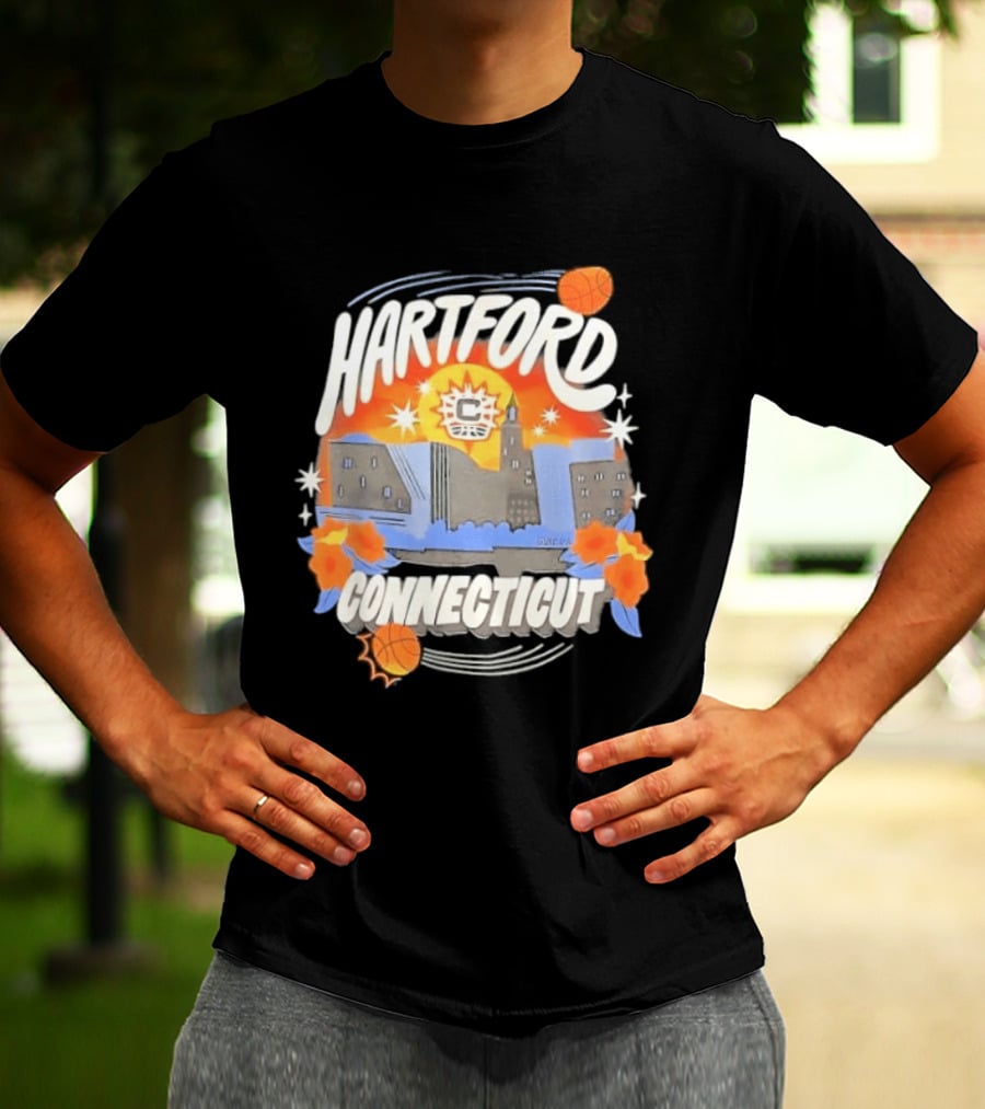 Hartford Connecticut Sun Basketball Skyline With Flowers And Basketballs T-Shirt