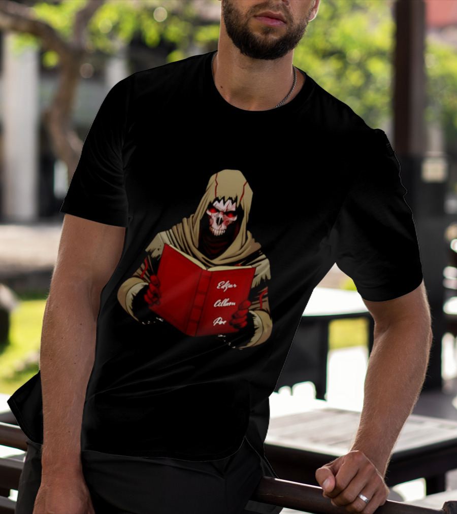 Grim Reaper Hooded Skeleton With Red Eyes Holding Edgar Allan Poe Book T-Shirt