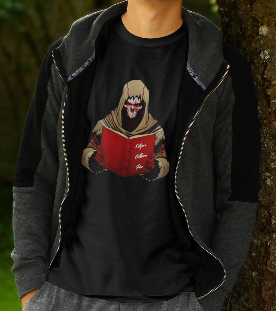 Grim Reaper Hooded Skeleton With Red Eyes Holding Edgar Allan Poe Book T-Shirt
