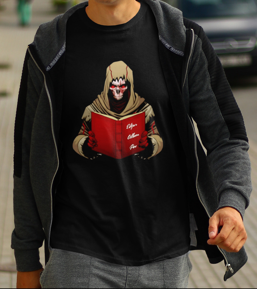 Grim Reaper Hooded Skeleton With Red Eyes Holding Edgar Allan Poe Book T-Shirt