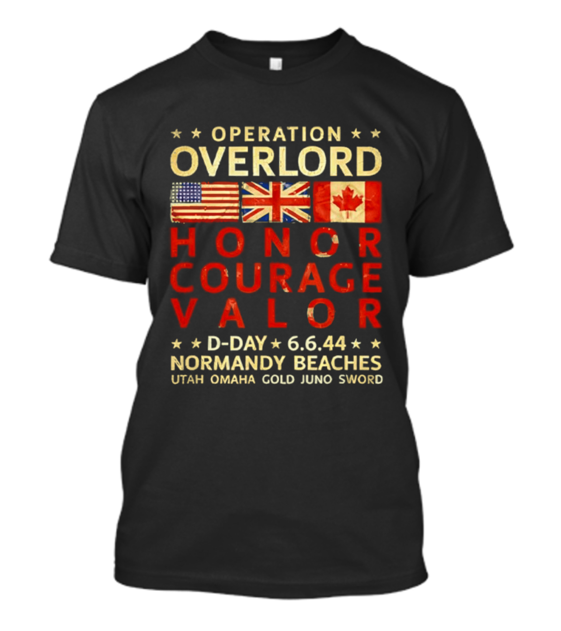 Operation Overlord Honor Courage Valor D Day 6.6.44 Normandy Beaches Utah Omaha Gold Juno Sword T-Shirt