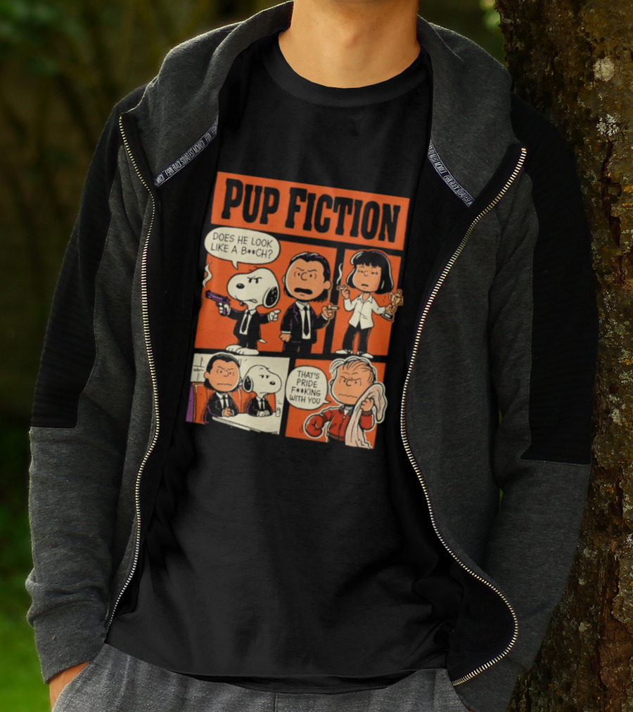 Peanuts Pup Fiction Does He Look Like A Bitch Snopy And Franklin Vincent Jules Mia T-Shirt