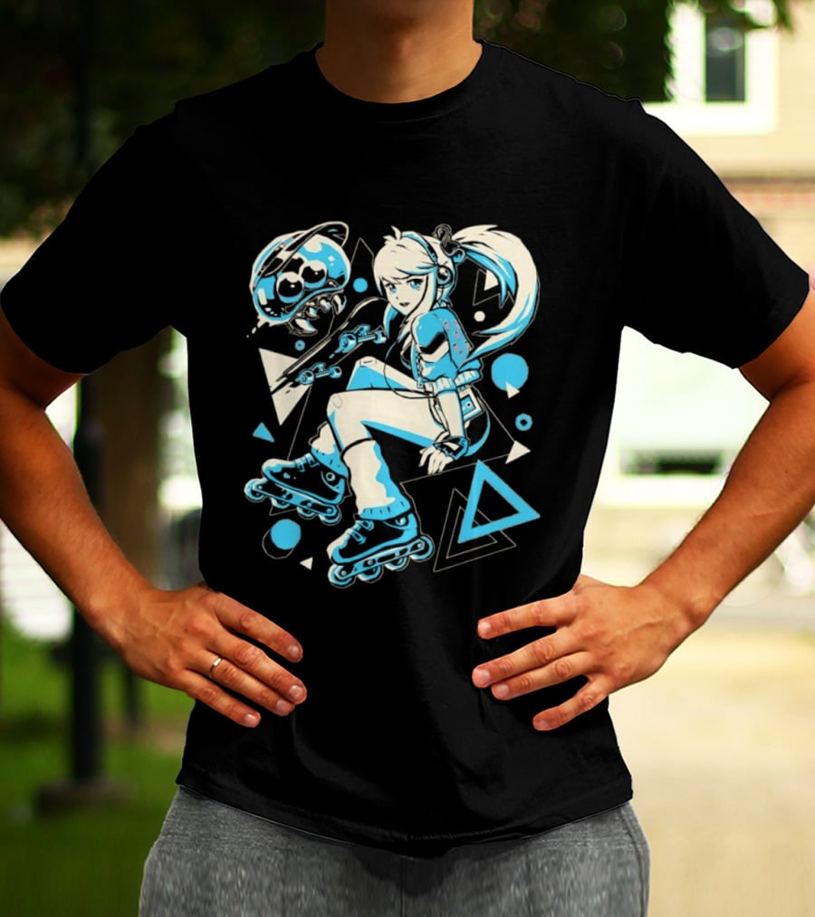 Samus Aran Metroid Rollerblades Skateboard Retro Gaming T-Shirt