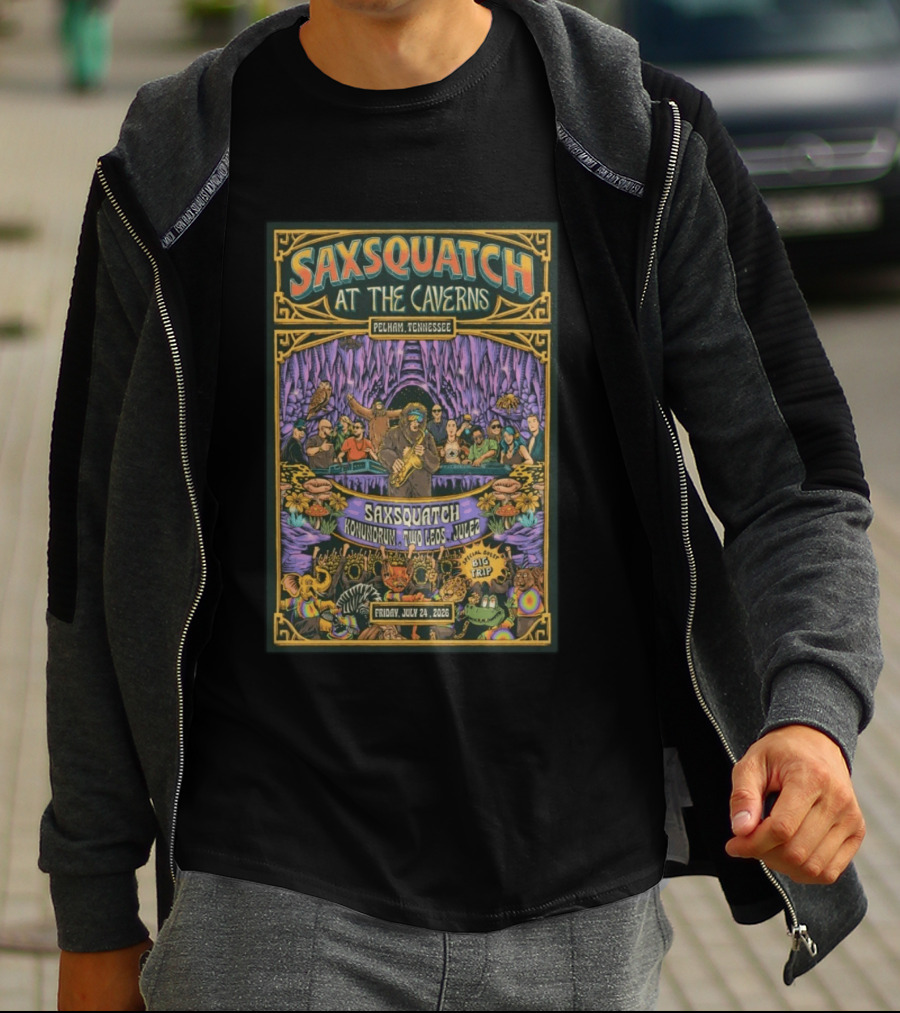 Saxsquatch At The Caverns Pelham Tennessee July 24 2026 Konundrum Two Egos Julez T-Shirt