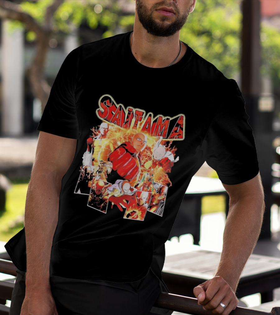 Saitama Hero Manga Character Collage With Lightning Fist T-Shirt