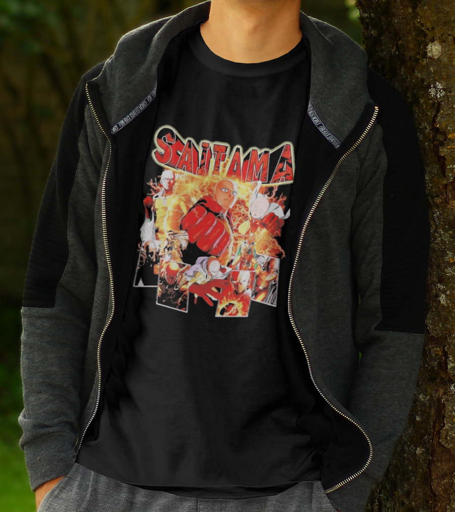 Saitama Hero Manga Character Collage With Lightning Fist T-Shirt