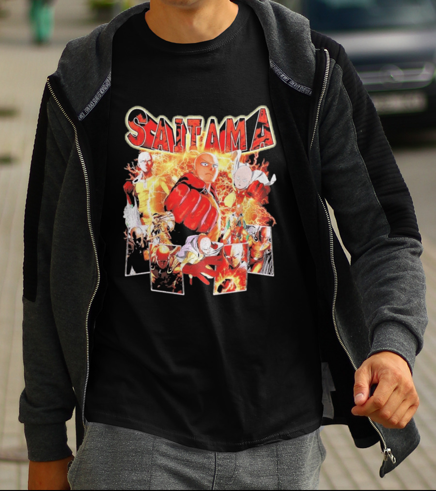 Saitama Hero Manga Character Collage With Lightning Fist T-Shirt