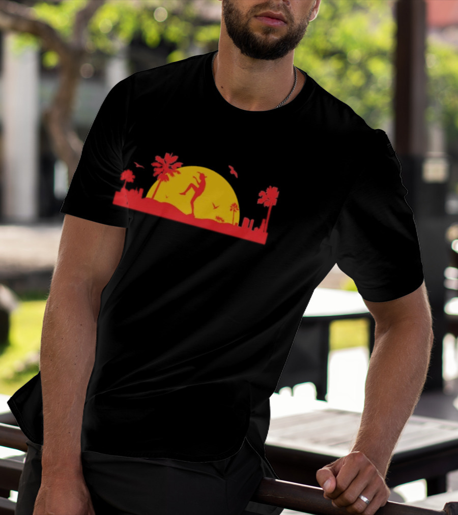 Cobra Kai Crane Kick Sunset Scene With Palm Trees And Birds T-Shirt