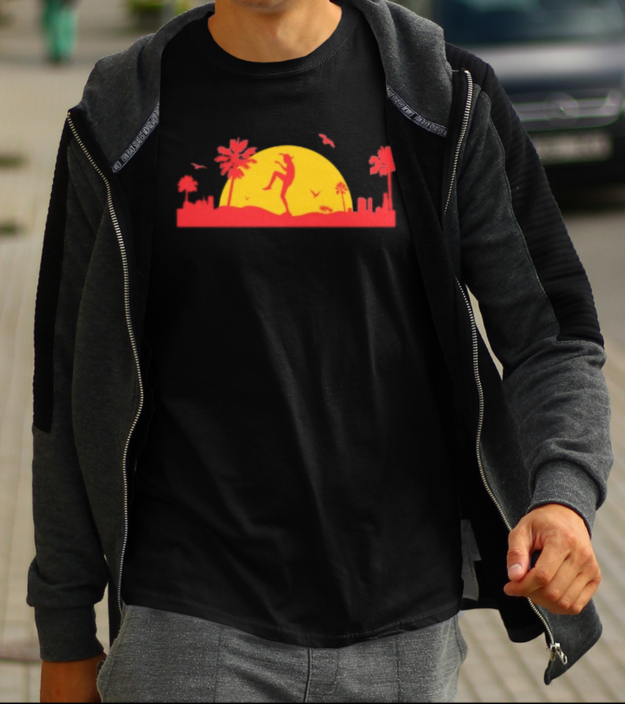 Cobra Kai Crane Kick Sunset Scene With Palm Trees And Birds T-Shirt