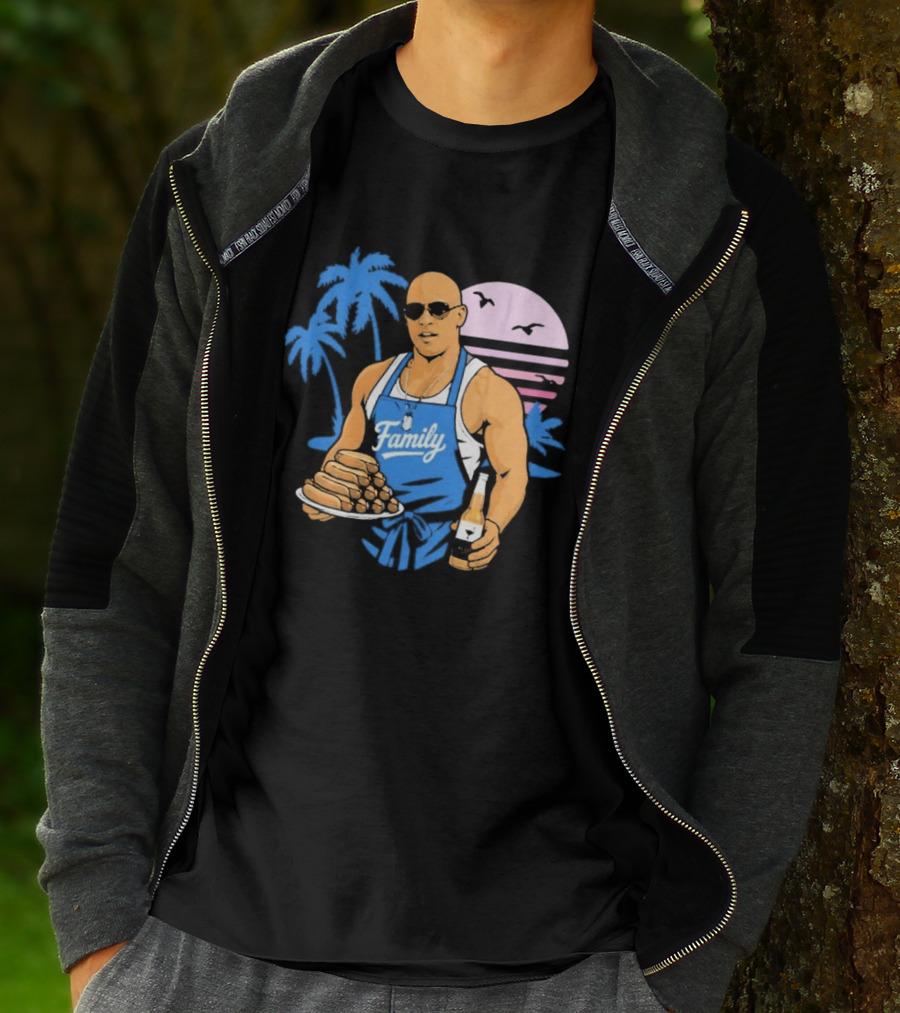 KCCO Family BBQ With Hot Dogs Palm Trees Sunset Birds T-Shirt
