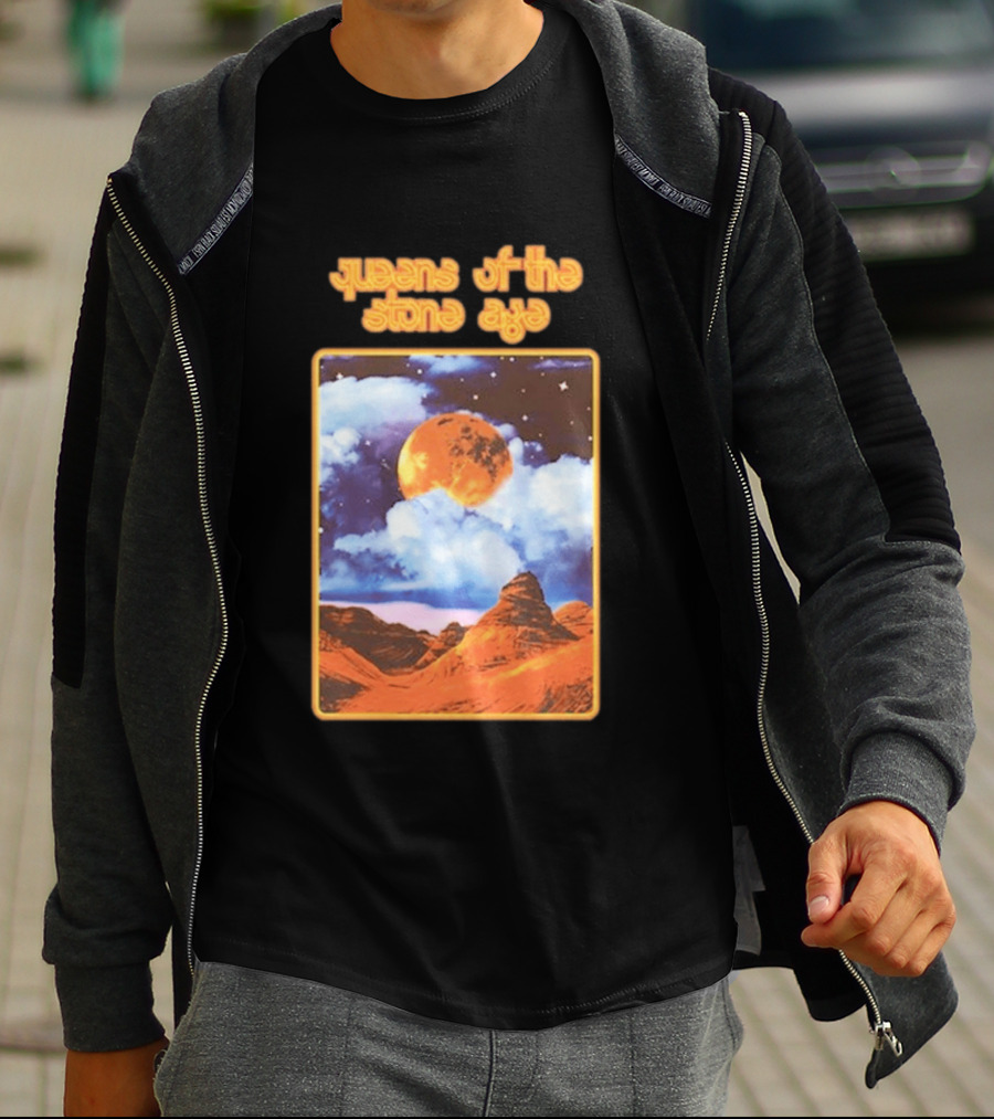 Queens Of The Stone Age Moon Landscape With Orange Cloudy Night Sky And Desert Scene T-Shirt