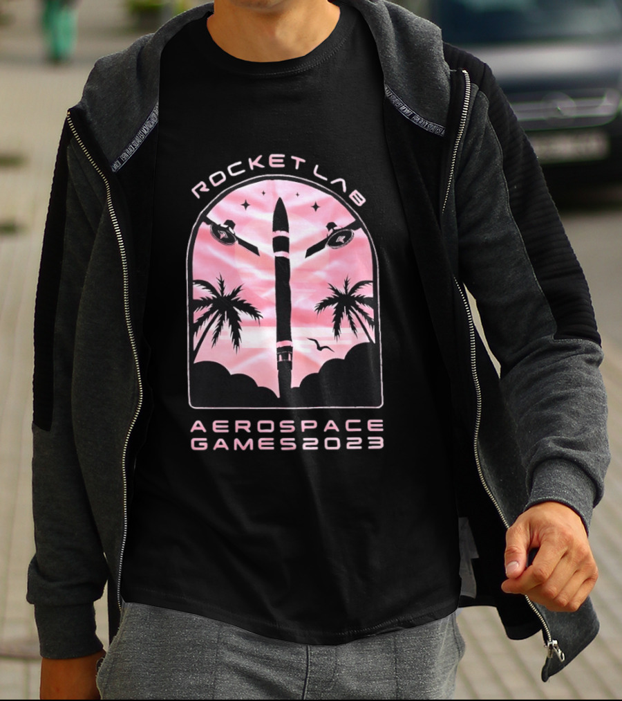 Rocket Lab Aerospace Games 2023 Rocket Space Satellite Event Palm Trees T-Shirt