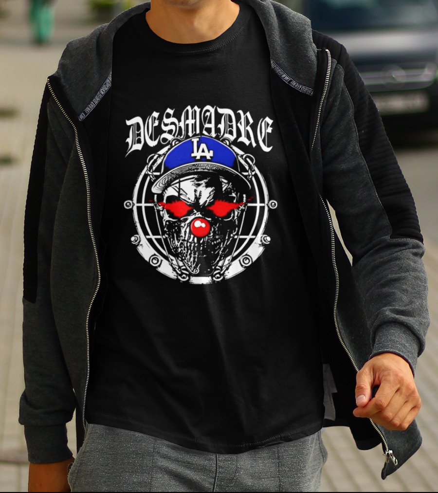 Skull In Los Angeles Dodgers Cap With Clown Makeup And DESMADRE T-Shirt