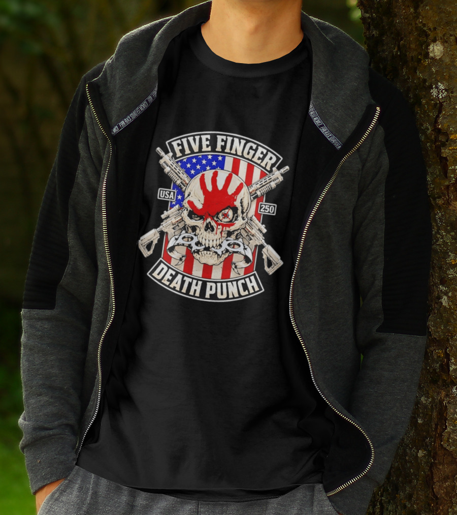 Five Finger Death Punch USA Skull With Guns And American Flag 250 July 4th T-Shirt