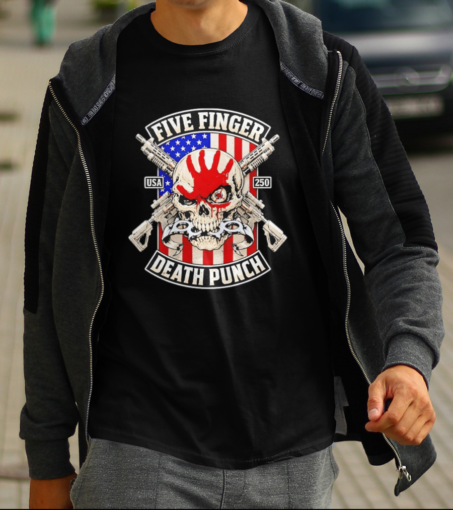 Five Finger Death Punch USA Skull With Guns And American Flag 250 July 4th T-Shirt