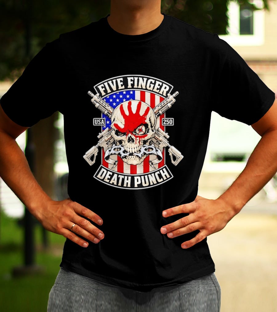 Five Finger Death Punch USA Skull With Guns And American Flag 250 July 4th T-Shirt