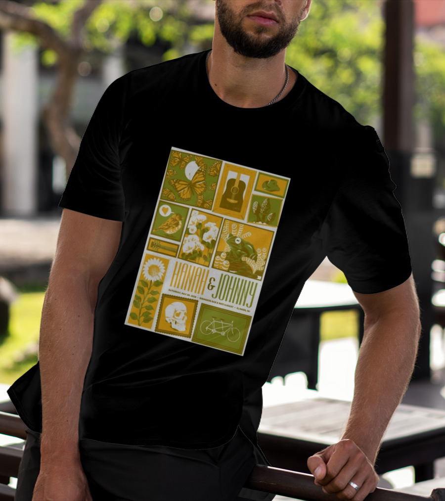 Hanah & Johnny May 30 2026 Ringer's Bar & Restaurant Slinger WI Butterfly Guitar Skull Bicycle Floral T-Shirt