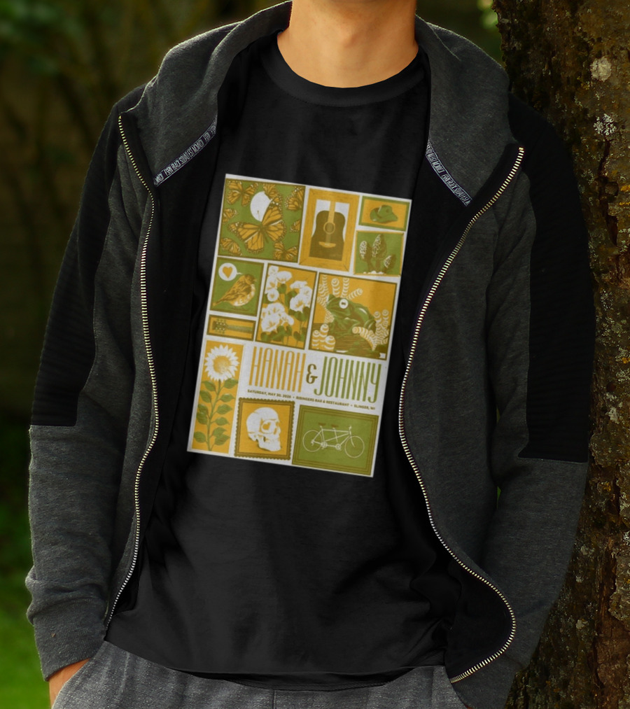 Hanah & Johnny May 30 2026 Ringer's Bar & Restaurant Slinger WI Butterfly Guitar Skull Bicycle Floral T-Shirt