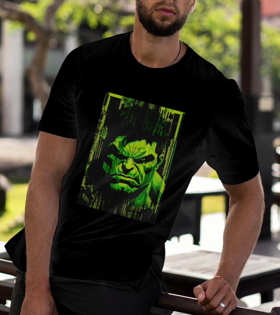 Hulk Glitch Digital Green Abstract Face T-Shirt