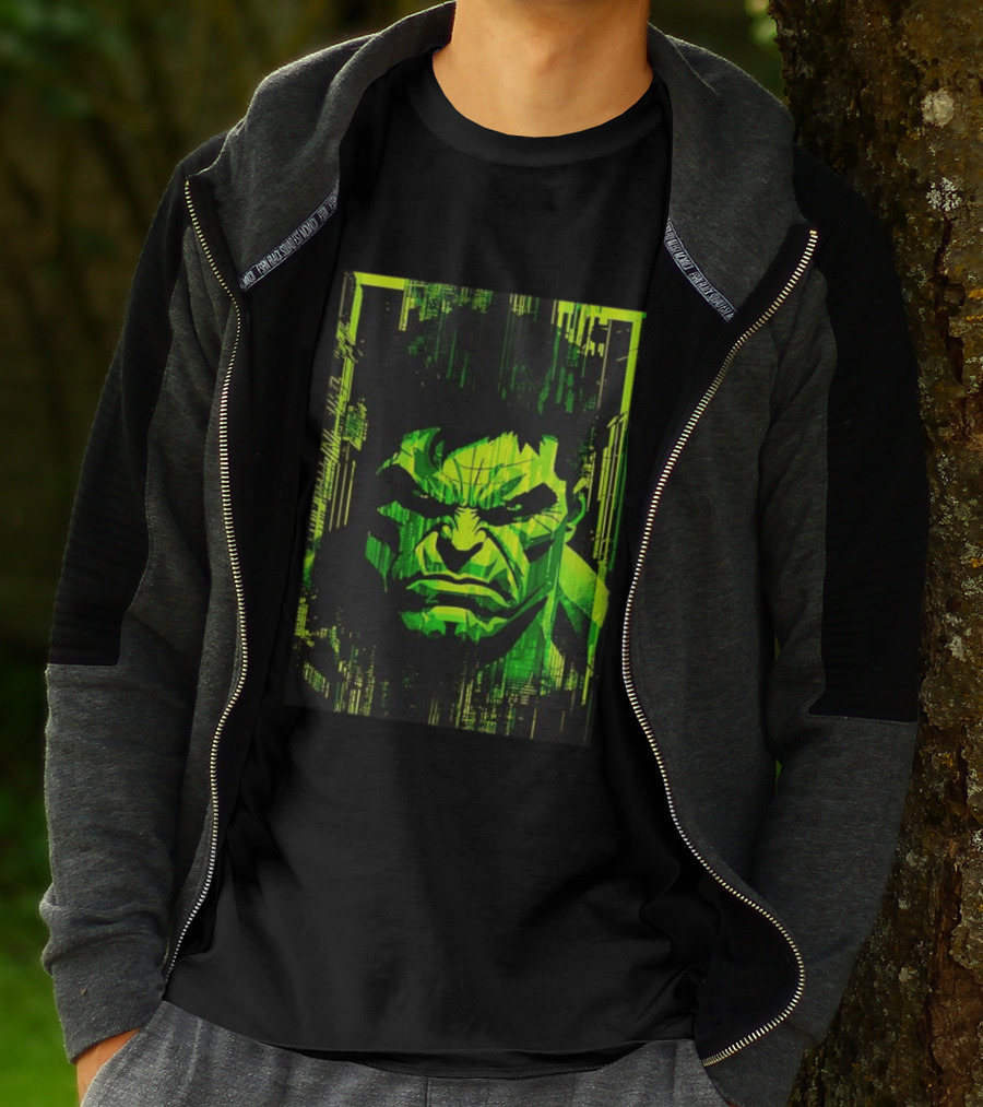 Hulk Glitch Digital Green Abstract Face T-Shirt