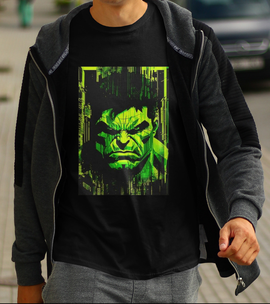 Hulk Glitch Digital Green Abstract Face T-Shirt