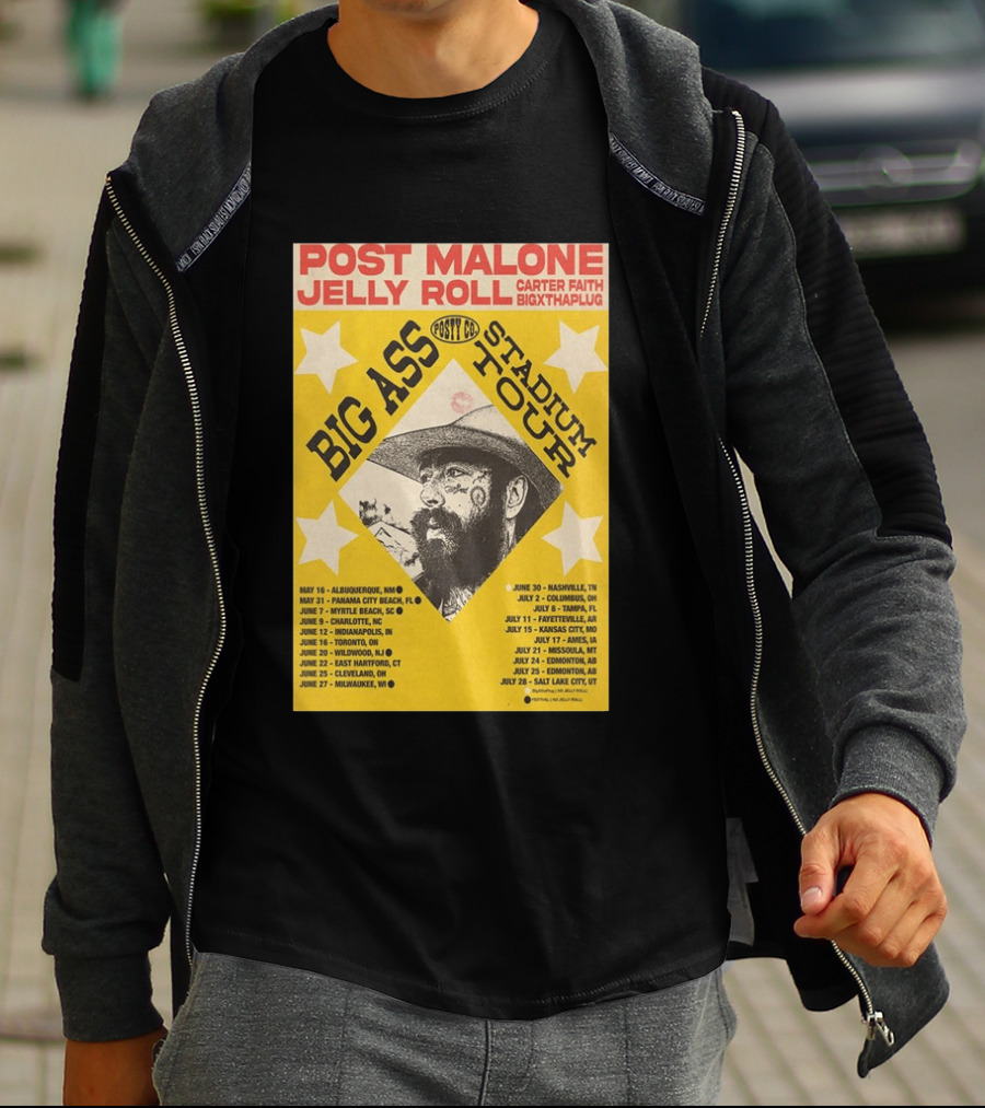 Post Malone Big Ass Stadium Tour Jelly Roll Carter Faith Dates And Locations T-Shirt