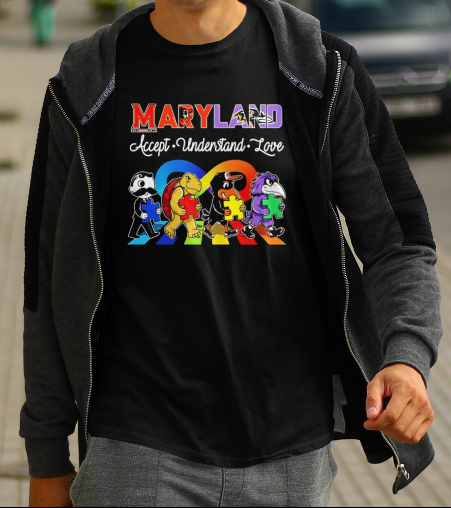 Maryland Pride Accept Understand Love With Sports Mascots And Puzzle Pieces T-Shirt