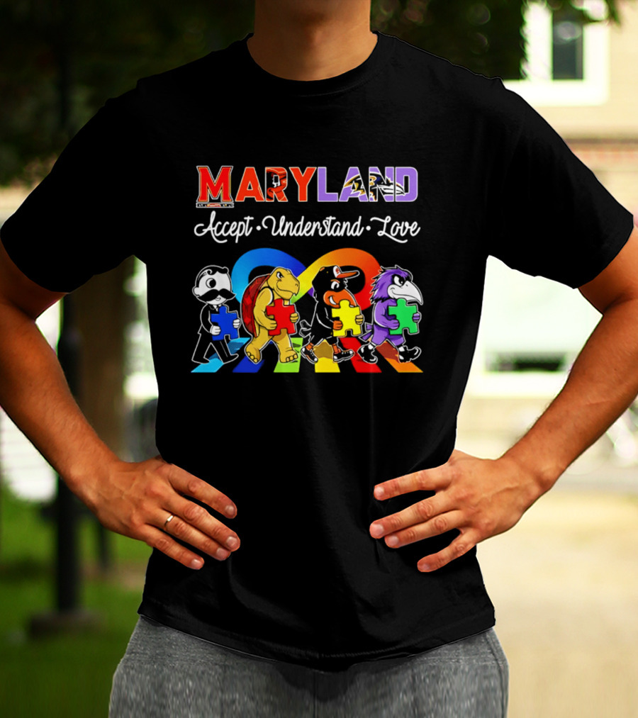 Maryland Pride Accept Understand Love With Sports Mascots And Puzzle Pieces T-Shirt