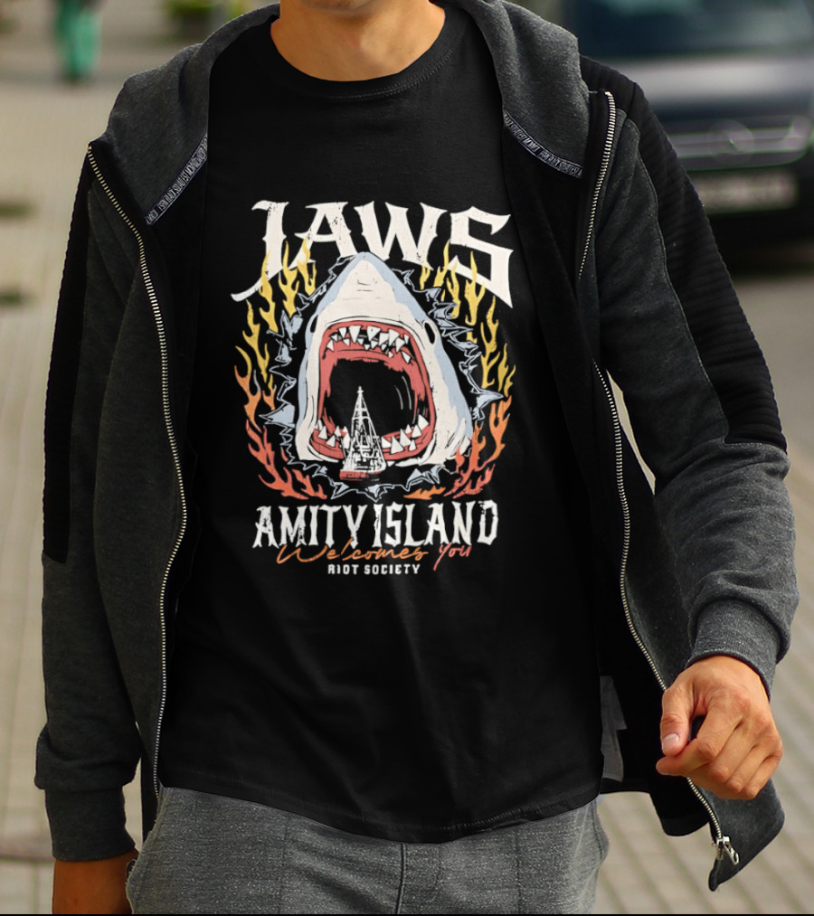 Jaws Amity Island Welcomes You Shark Eating Riot Society T-Shirt