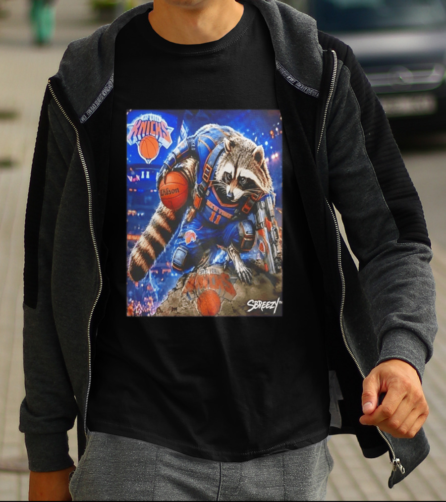 Rocket Raccoon New York Knicks Marvel Guardians NBA Crossover Wilson Ball T-Shirt