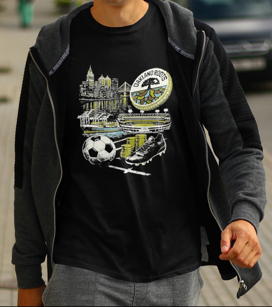 Oakland Roots Skyline Soccer Ball Stadium Ship And Coins T-Shirt