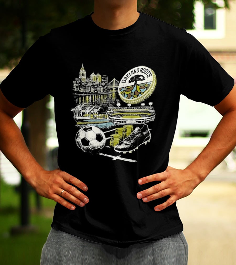 Oakland Roots Skyline Soccer Ball Stadium Ship And Coins T-Shirt