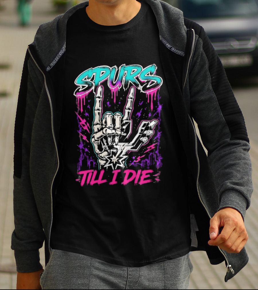 Spurs Till I Die Skeleton Hand Rock On San Antonio Basketball T-Shirt