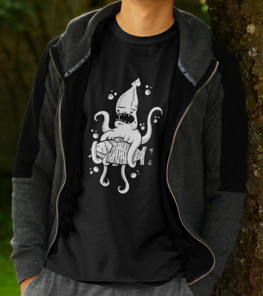 Squid Monster With Barrel Sea Creature Ocean Adventure T-Shirt