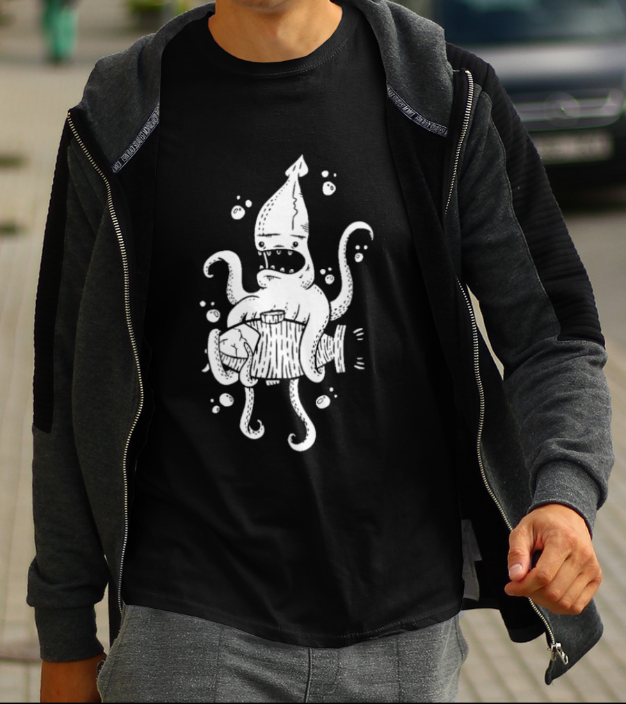 Squid Monster With Barrel Sea Creature Ocean Adventure T-Shirt