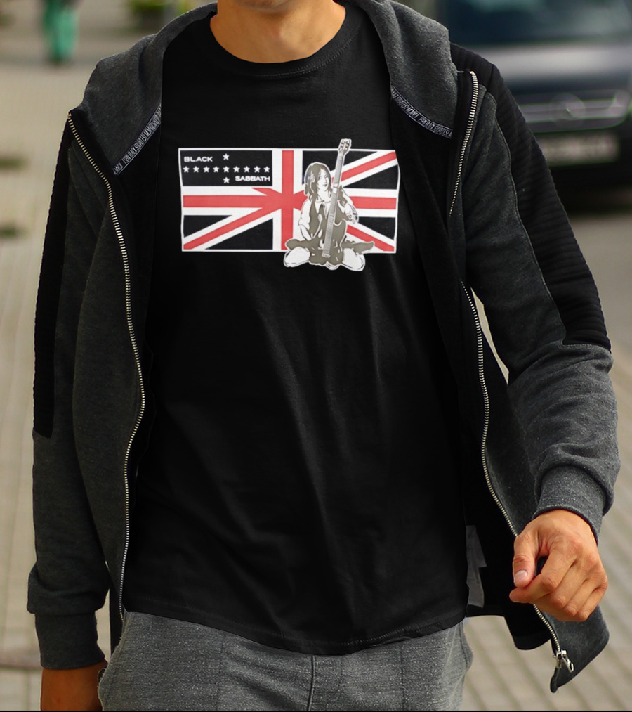 Black Sabbath Union Jack Flag With Guitarist Iconic Band T-Shirt
