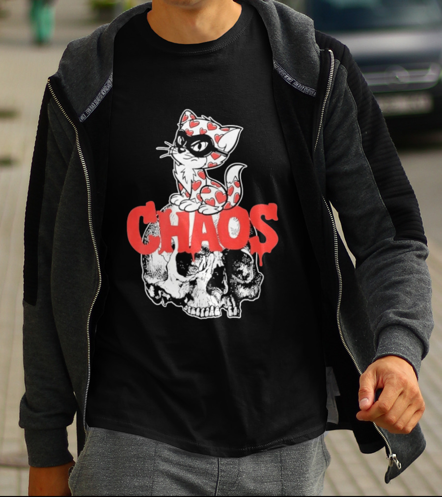 Chaos Cat Heart Pattern Masked Skull T-Shirt
