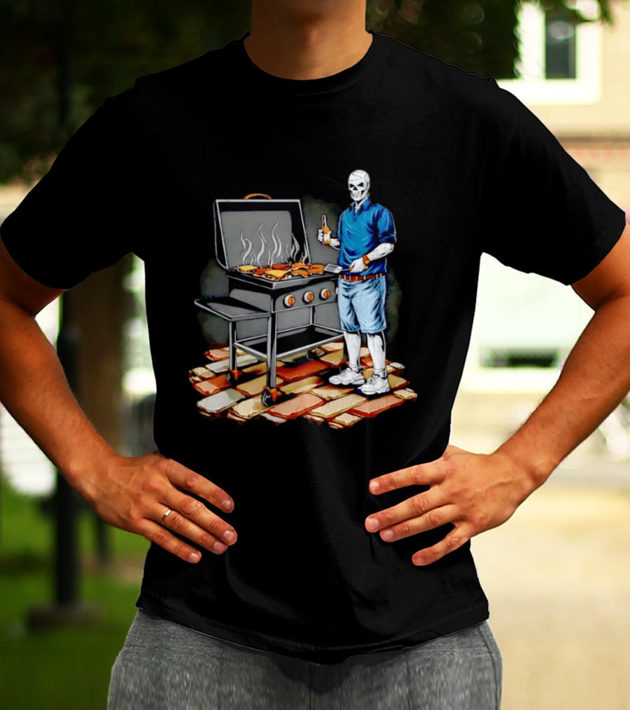 Skeleton Grilling BBQ With Beer And Burgers T-Shirt