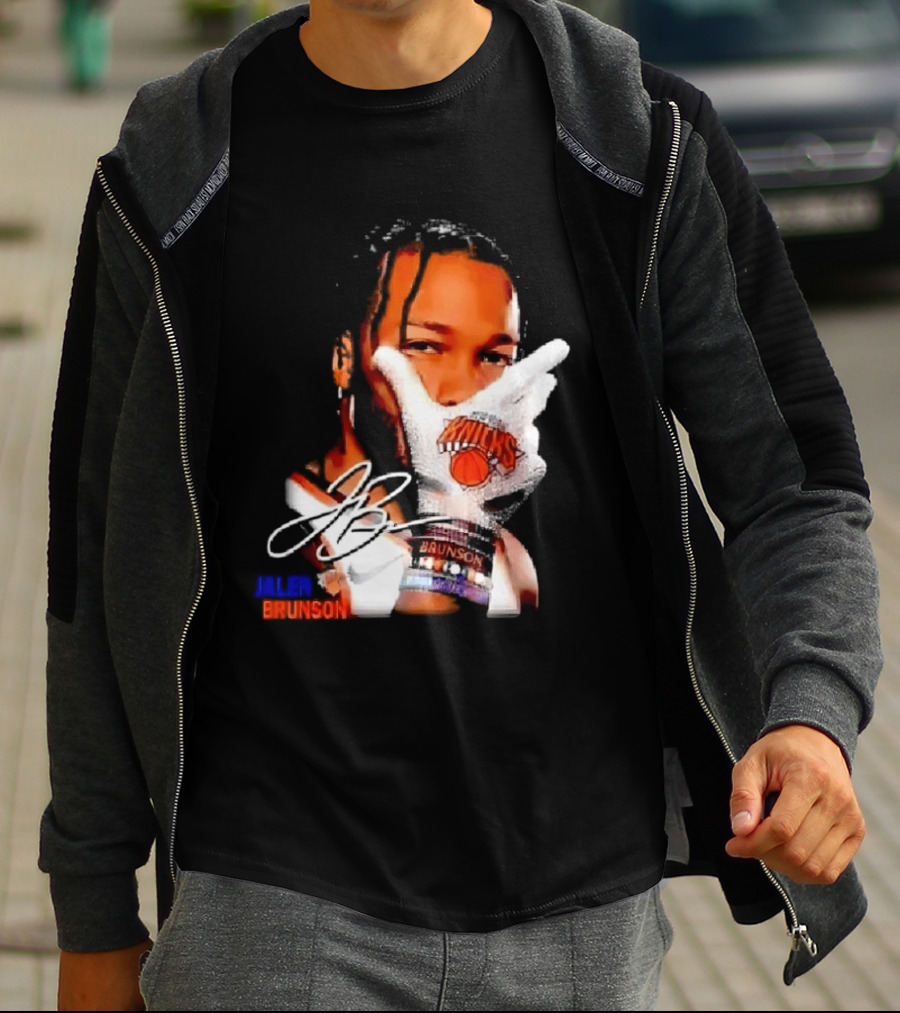 Jalen Brunson Knicks Gesture With Glove And JB Signature T-Shirt