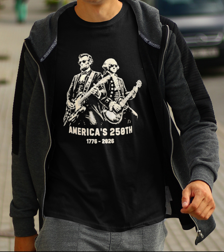 America's 250th 1776 2026 George Washington Abraham Lincoln Playing Guitar T-Shirt