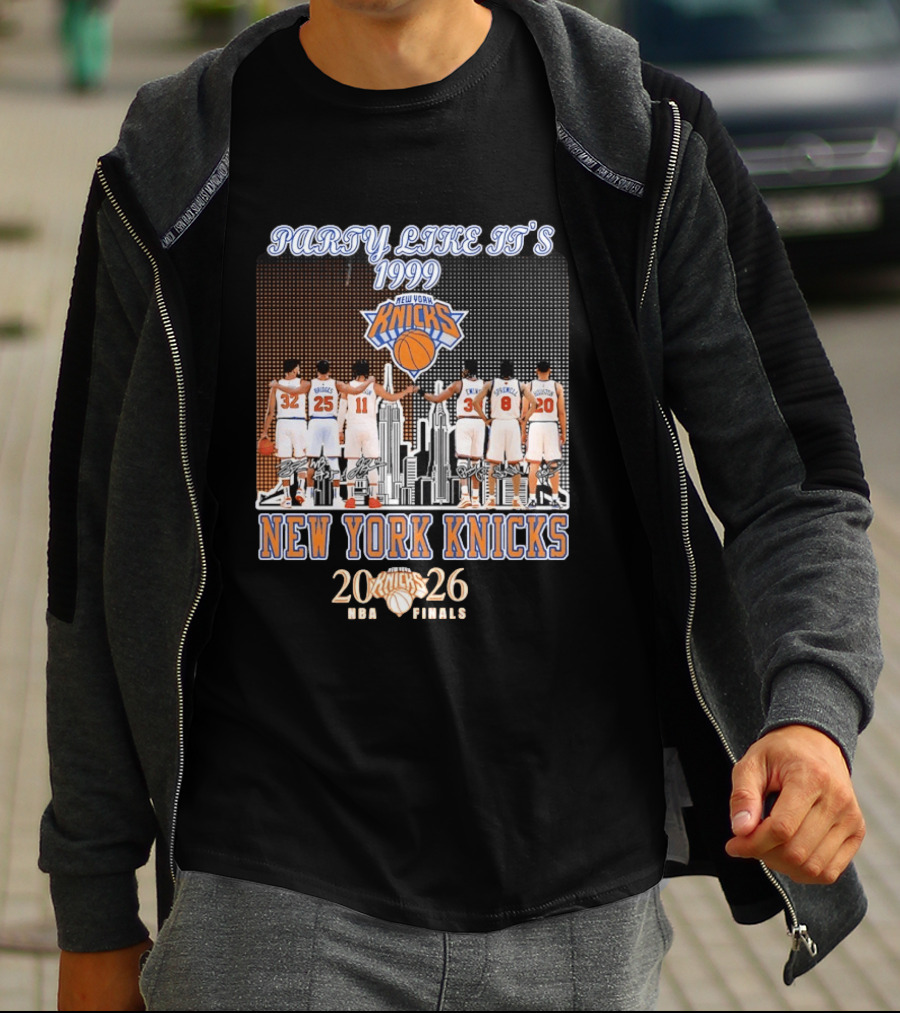 New York Knicks Party Like It's 1999 NBA Finals 2026 Karl Anthony Towns Mikal Bridges Jalen Brunson Patrick Ewing Latrell Sprewell T-Shirt