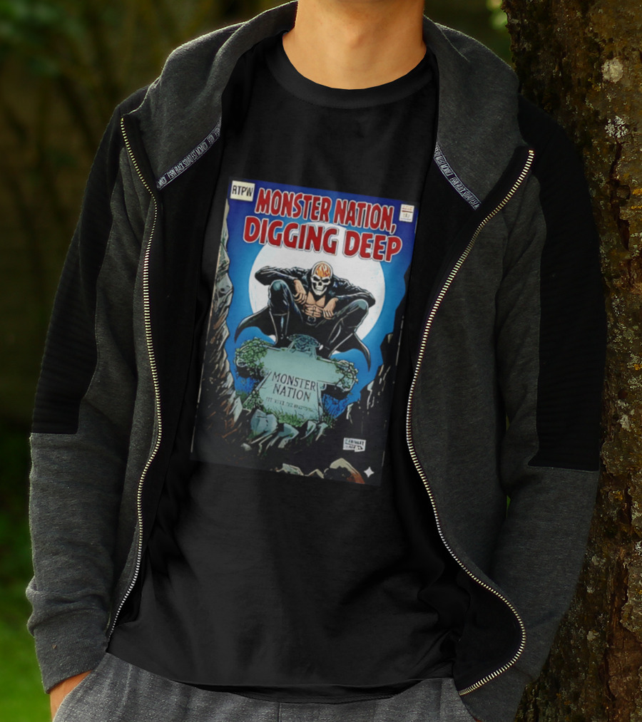Monster Nation Digging Deep Comic Cover Tombstone Skeleton Superhero T-Shirt