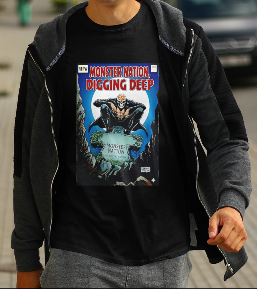 Monster Nation Digging Deep Comic Cover Tombstone Skeleton Superhero T-Shirt