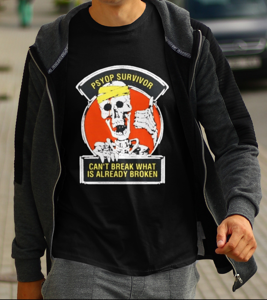 Psyop Survivor Skeleton Can't Break What Is Already Broken Yellow Bandana Thumbs Up T-Shirt