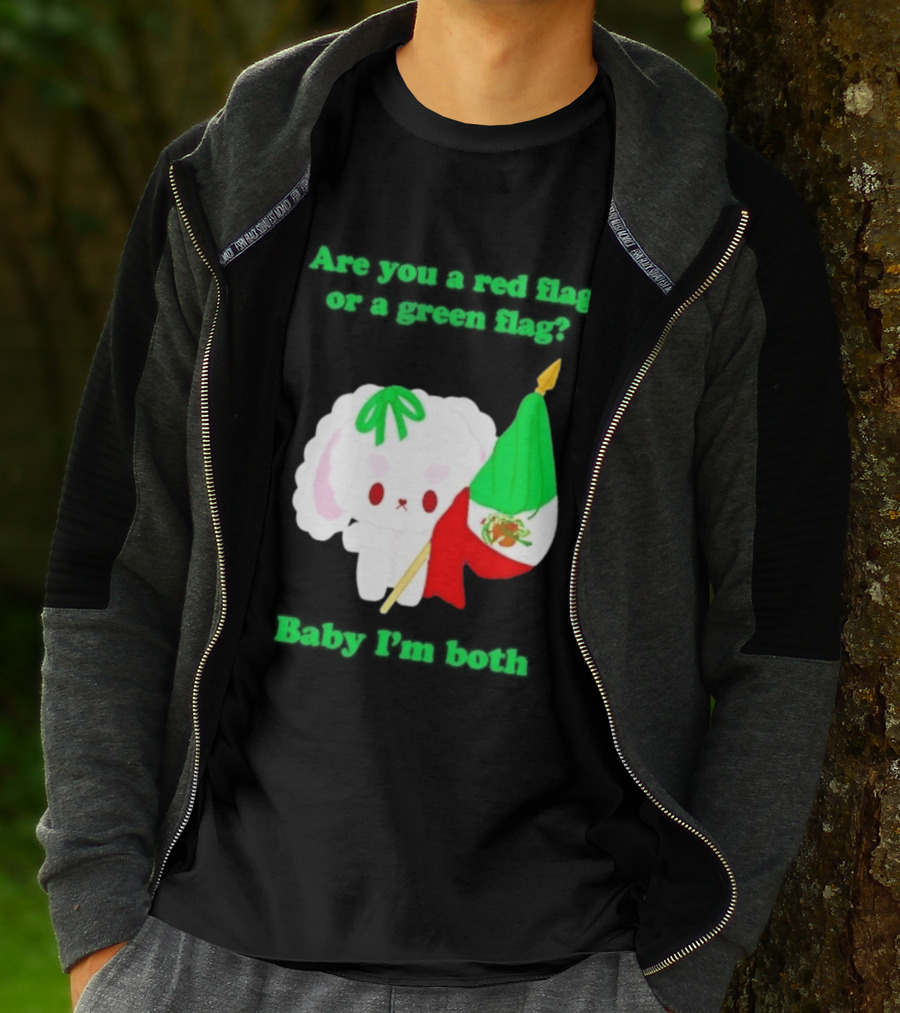 Nonomochi Mexico Flag Are You A Red Flag Or A Green Flag Cute Bunny Holding Mexican Flag T-Shirt