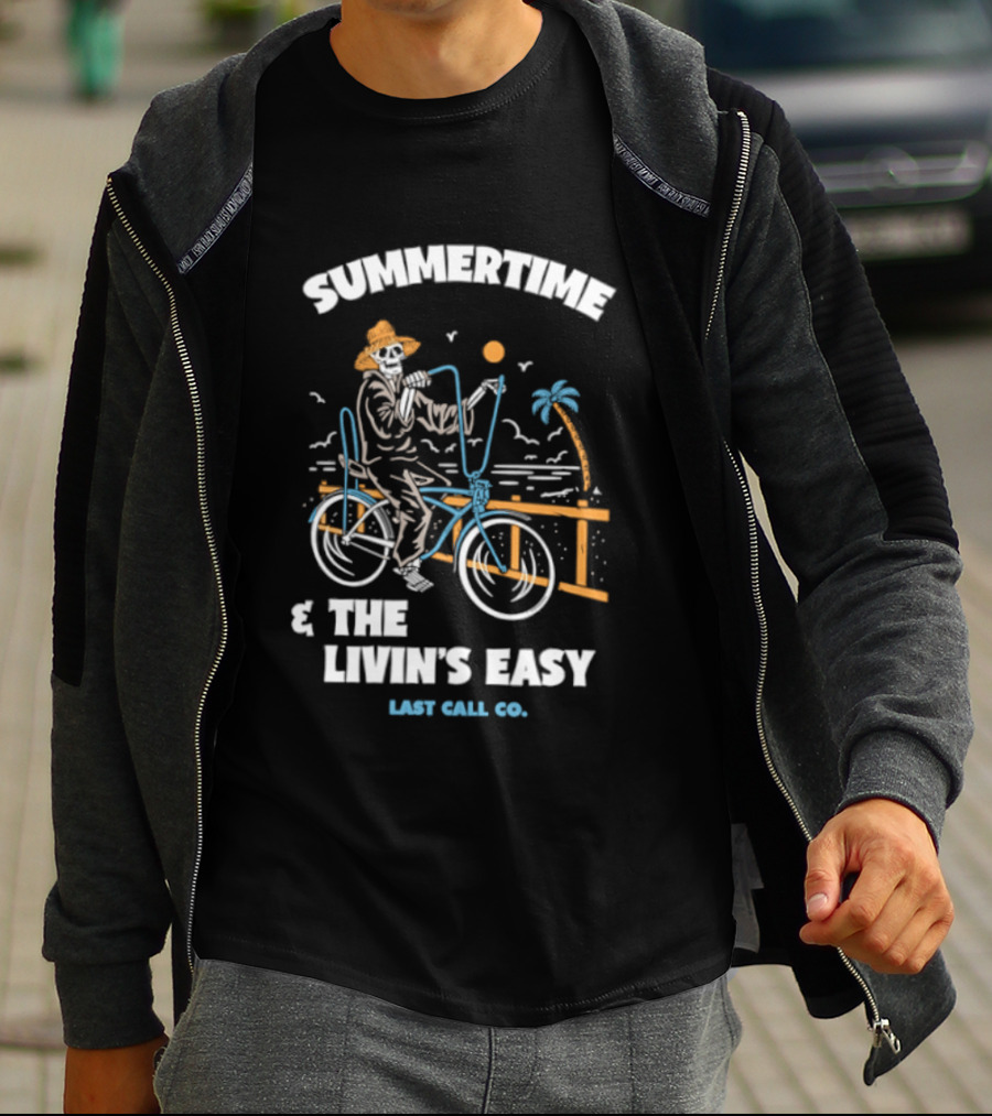 Summertime And The Livin's Easy Last Call Co Skeleton Bicycle Beach Scene T-Shirt