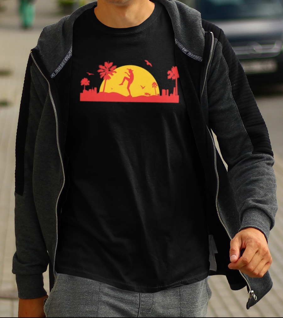 Sunset Crane Club Martial Arts Silhouette With Palm Trees And Birds T-Shirt