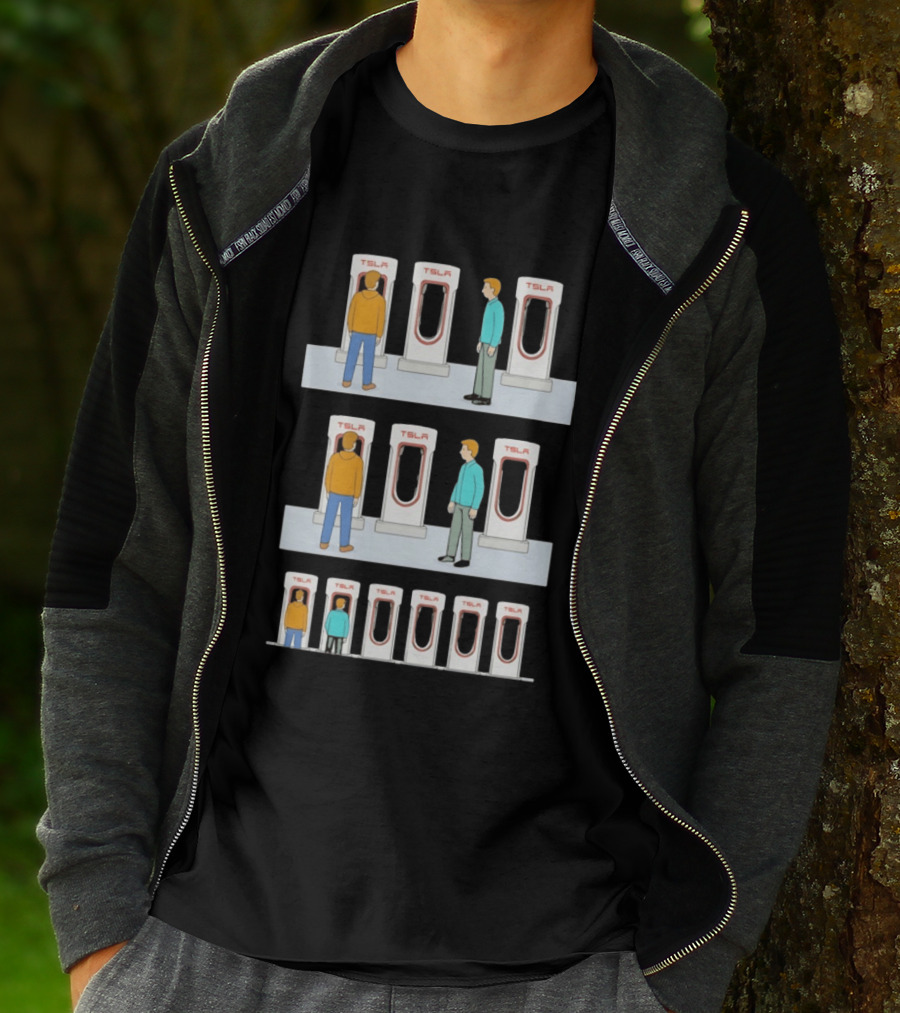 Tesla Comic Strip Charging Supercharger Urinals Parking Humor T-Shirt