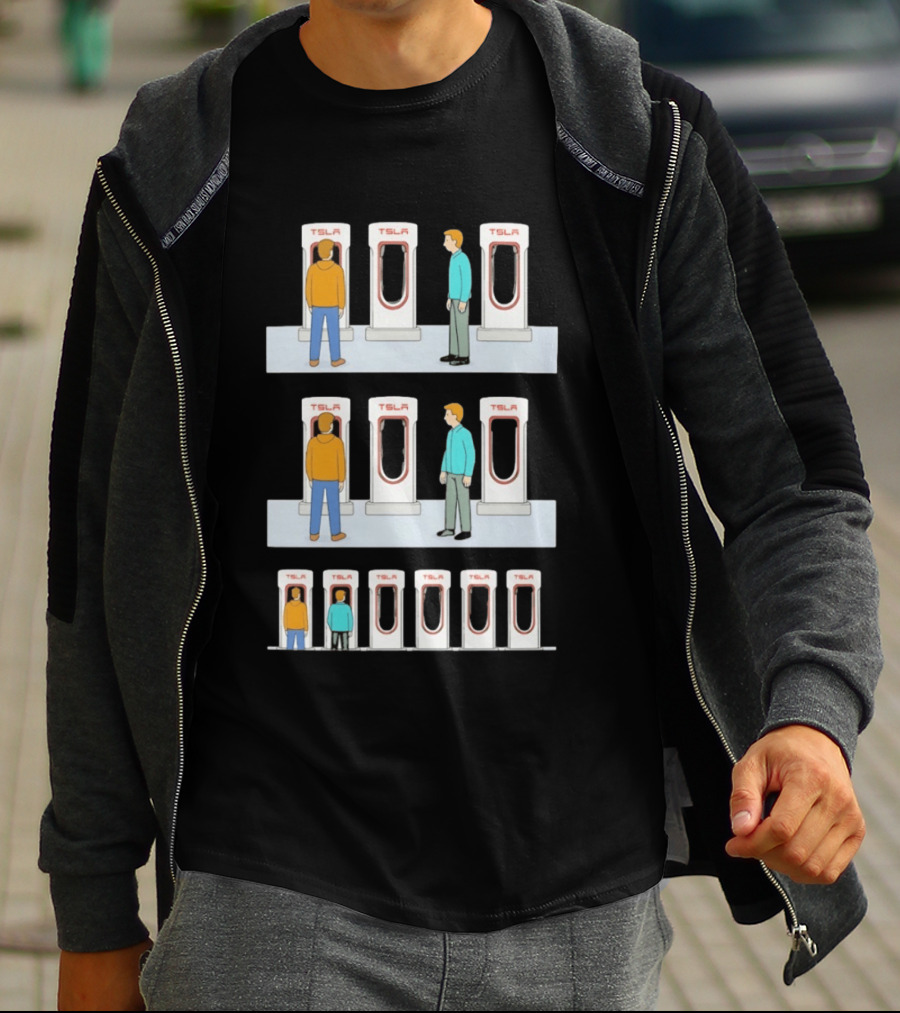 Tesla Comic Strip Charging Supercharger Urinals Parking Humor T-Shirt