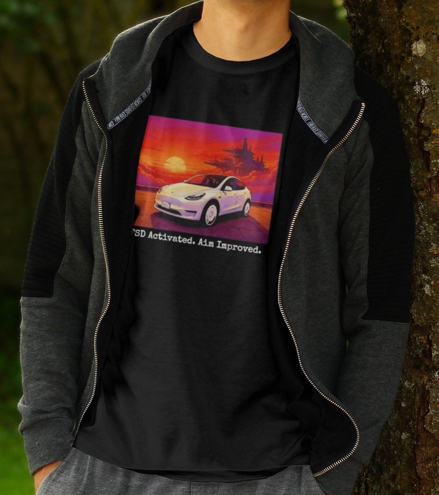 Tesla Model Y FSD Activated Aim Improved Sunset Futuristic City Scene T-Shirt